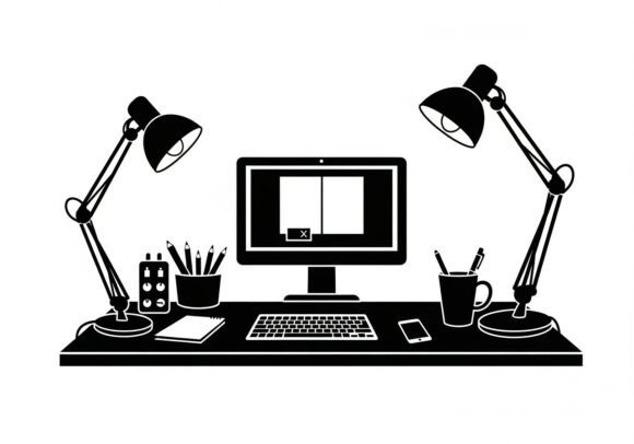 Black and White of a Desk with Computer