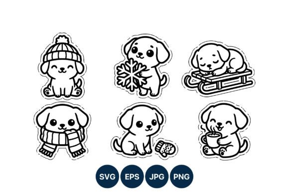 Cute Winter Puppies Black White Vector