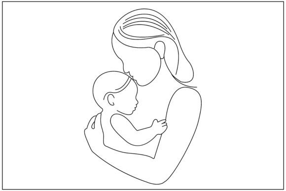 Mom Baby Girl Cuddle Line Art
